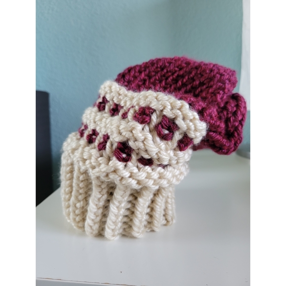 Two-Tone Waffle-Base Knit Beanie - Burgundy/Cream (Handmade) - Picture 11 of 11